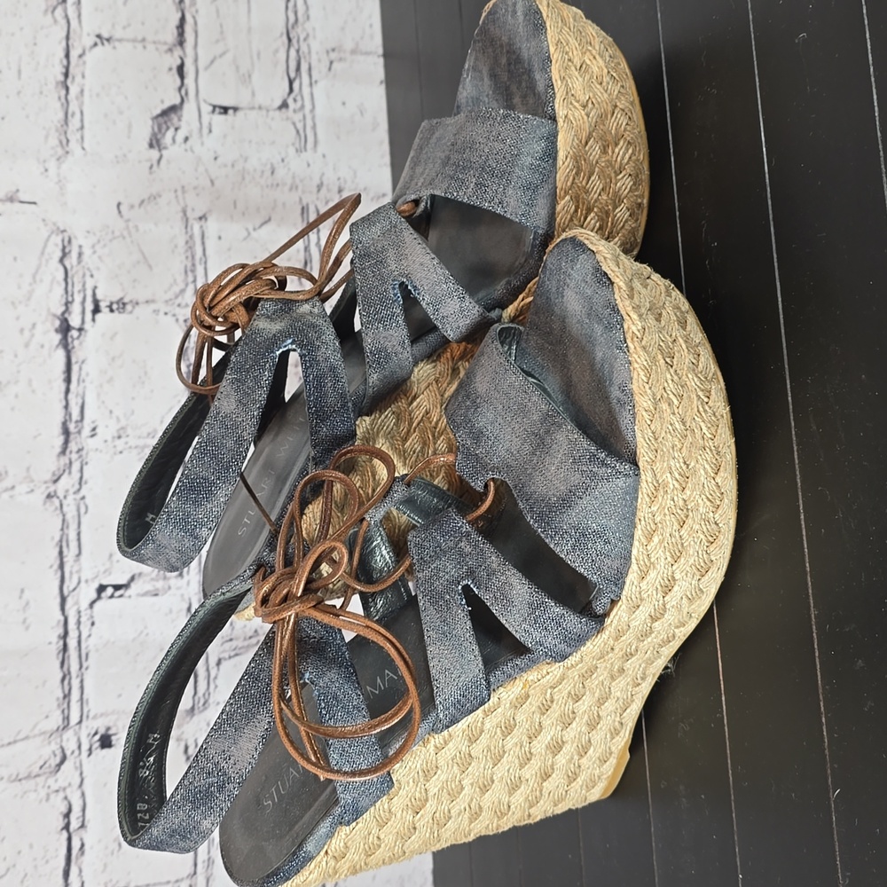 Stuart Weitzman Denim and Tan Espadrilles-Style Wedge Sandals Size 8.5 - Picture 1 of 10